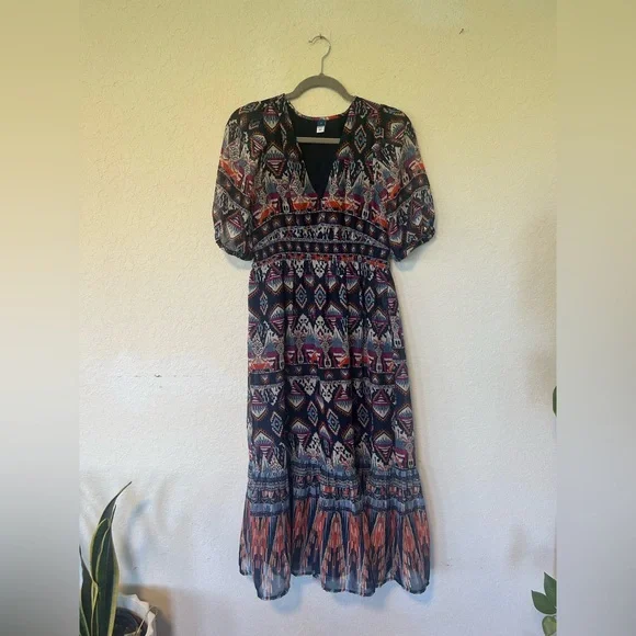 Boho Old Navy Waist-Defined V-Neck Midi Dress Blue Aztec Geometric Print - Picture 2 of 10